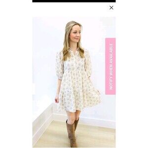 Karlie Quilted Floral Tiered Dress Blue Cream Buttons Lined Women's L A7.1